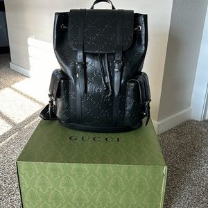 GUCCI Men’s Jumbo GG Embossed Backpack Black Leather Authentic